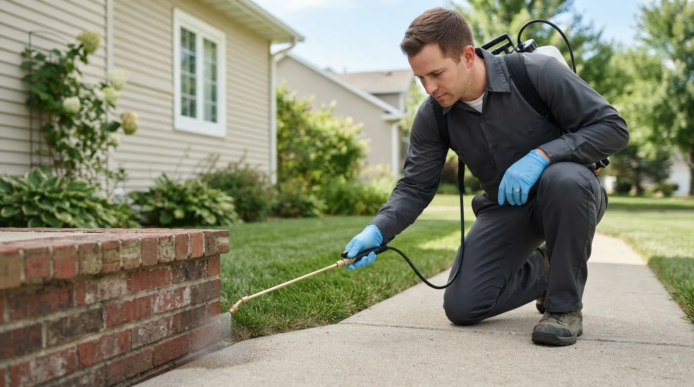 Pest control technician treating a home near Tomball, TX